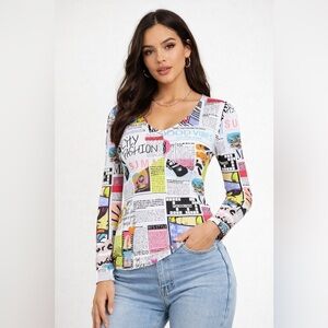 DOLCEZZA Vibrant Graphic NEWSPAPER Print Women's Top NWT